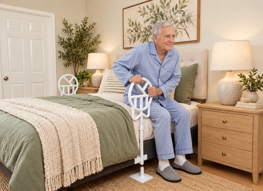 Elderly man rising with Halo bed support.webp